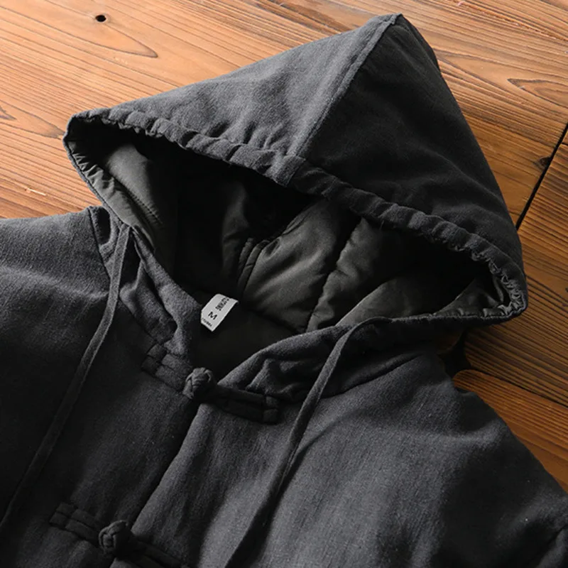Herren Kapuze warme Winter verdicken Baumwolle gepolsterte Jacke chinesischen Stil Schnalle Baumwolle Leinen Parka Mantel Trench Wind breaker