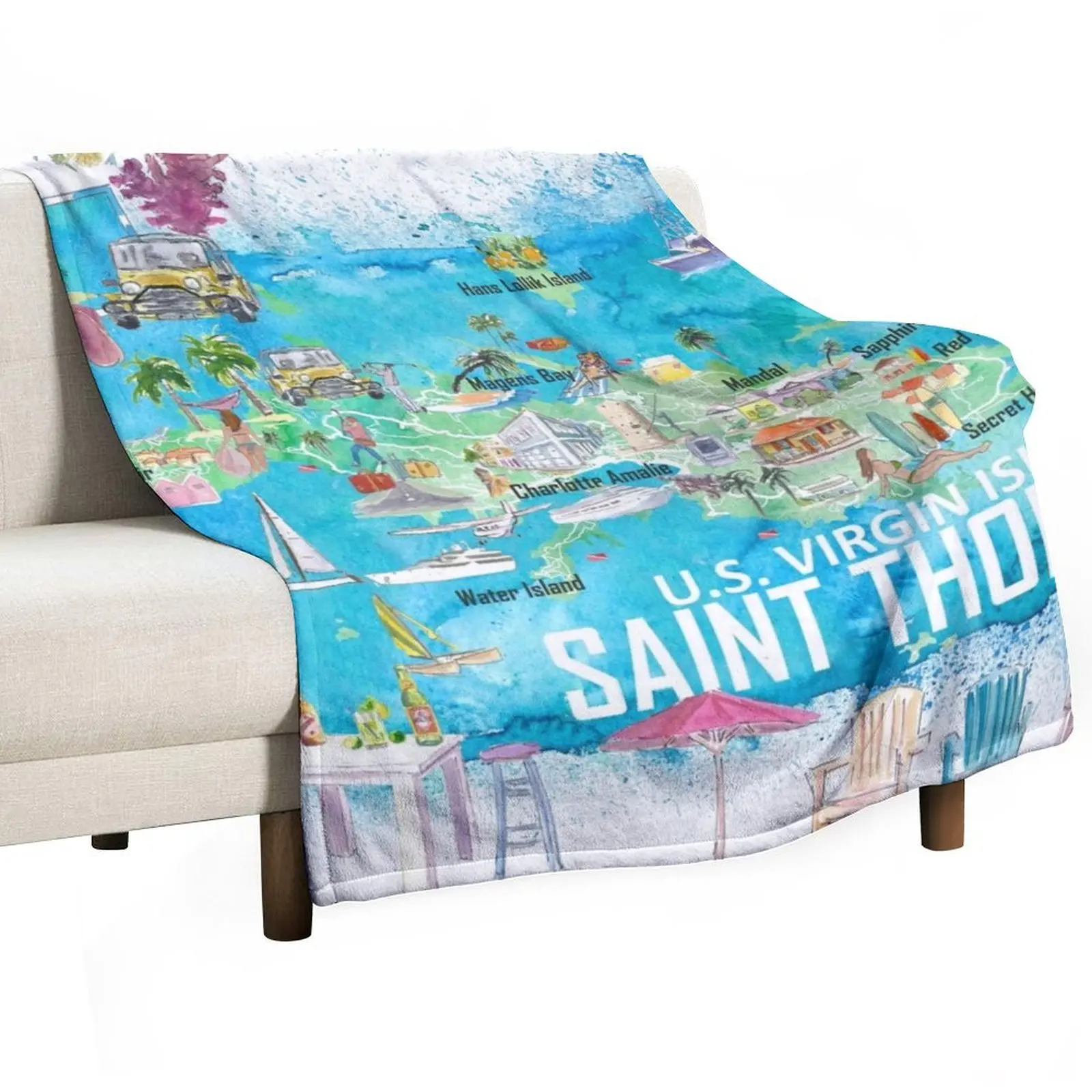 

Saint Thomas USVI Illustrated Travel Map with Roads and Tourist Highlights Throw Blanket Luxury Designer Loose Blankets