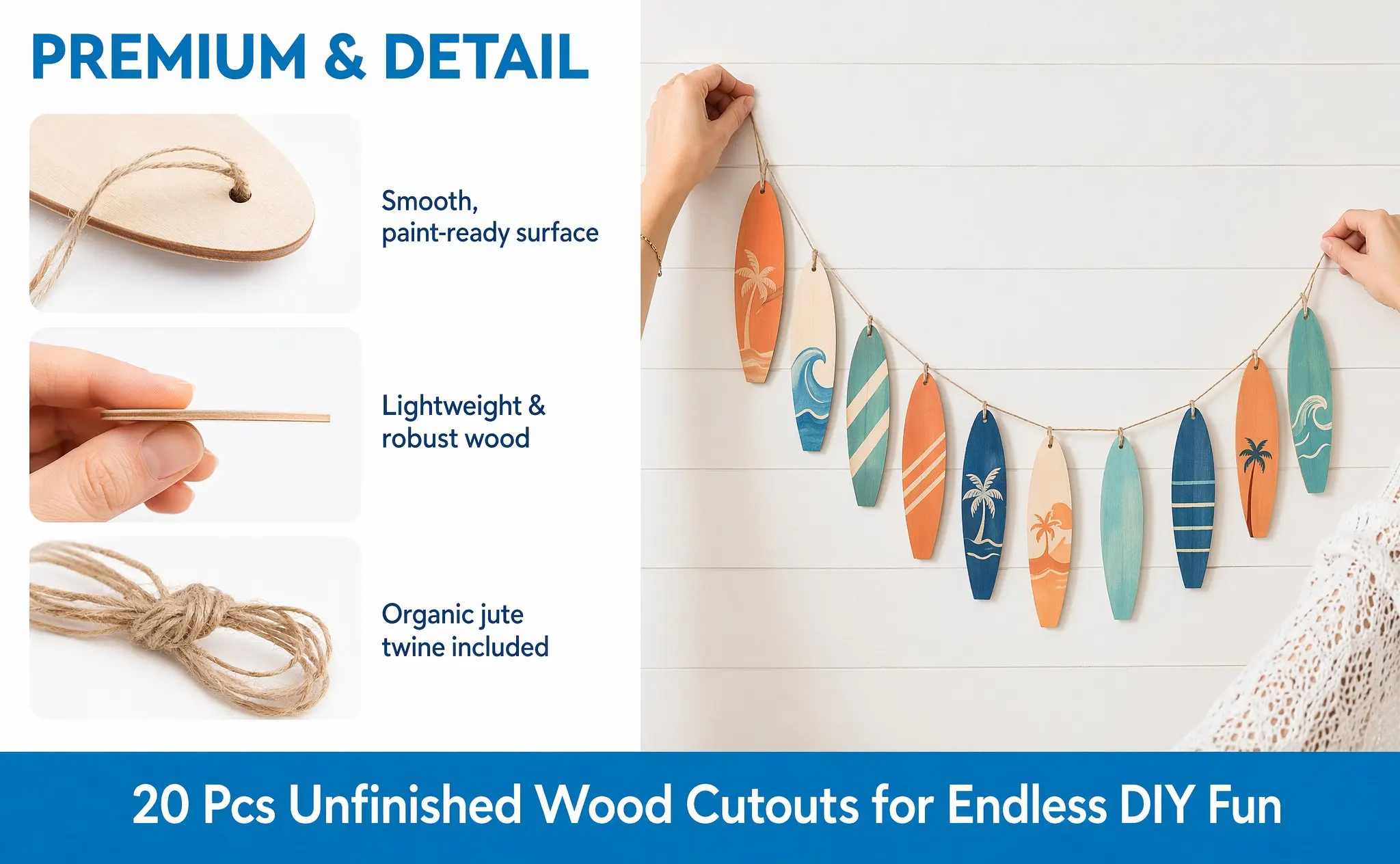 20Pcs Blank Surfboard Shaped Wood Cutout for DIY Painting Craft Coastal Home Decor Hanging Ornament Set Ocean Style Farmhouse