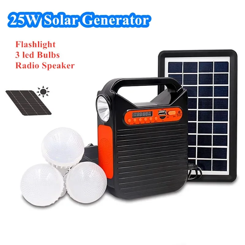 

Solar Generator Outdoor Portable Lighting Solar Panel Emergency Power Supply with Radio Speaker Flashlight 3 LED Bulbs