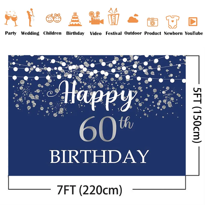 Happy 60th birthday Backdrop Silver Glitter Polka Dot Blue Background Adult Sixty Birthday Party Blue Dessert Table Banner