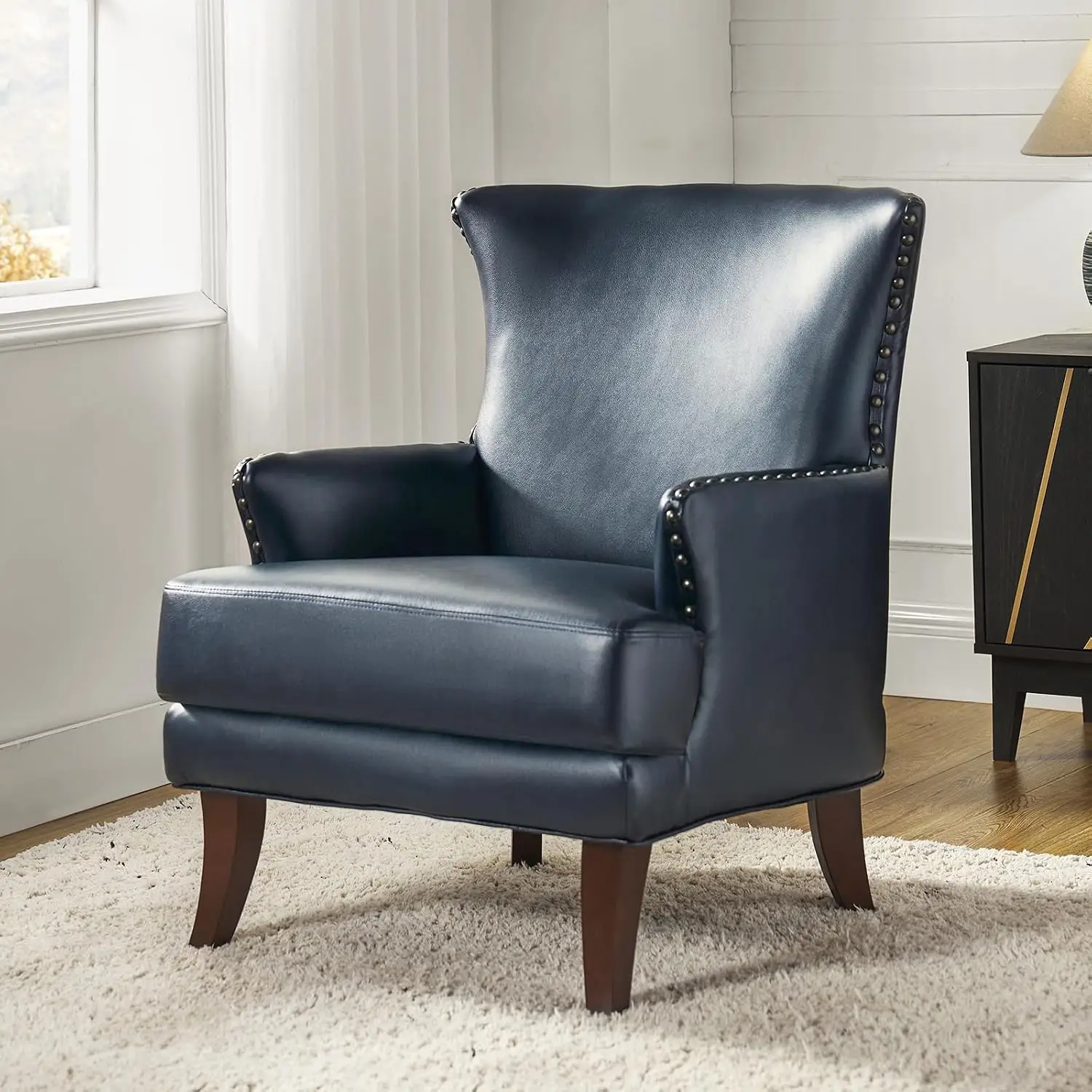 Faux Leather Accent Chair with Arms, Modern Wingback Armchair with Nailhead Trim for Living Room Lounge, Navy, Customized