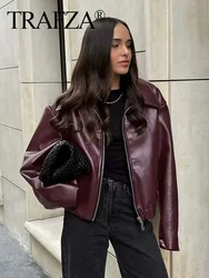 TRAFZA Women Fashion Burgundy Faux Leather Jackets Casual Lapel Long Sleeves Coat Zipper Autumn Female High Street Outerwear