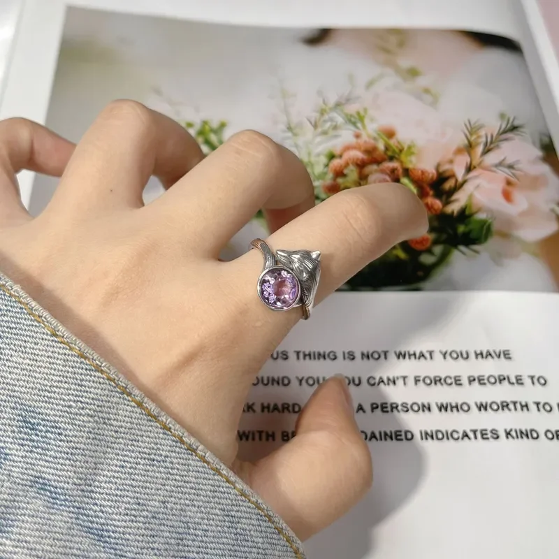 Natural color treasure amethyst citrine topaz ring women's s925 silver fox index finger jewelry wholesale