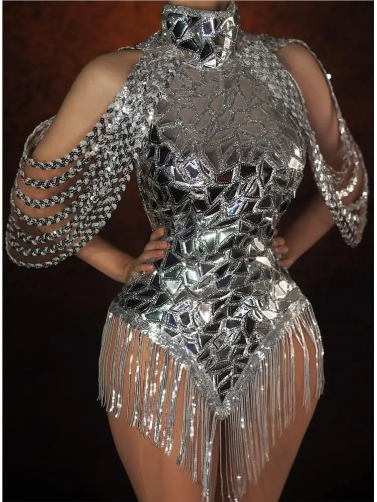 

Sexy Dance Fringes Bodysuit Costume Rhinestone Sparkly Silver Sequins Leotard Bling Birthday Singer Stage Wear