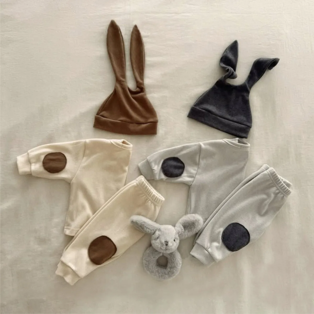 

Autumn Toddler Kid Boys Three-piece Set Patch Solid Color Infant Baby Boys Tops+mid Waist Newborn Boys Pants+rabbit Ear Boys Hat