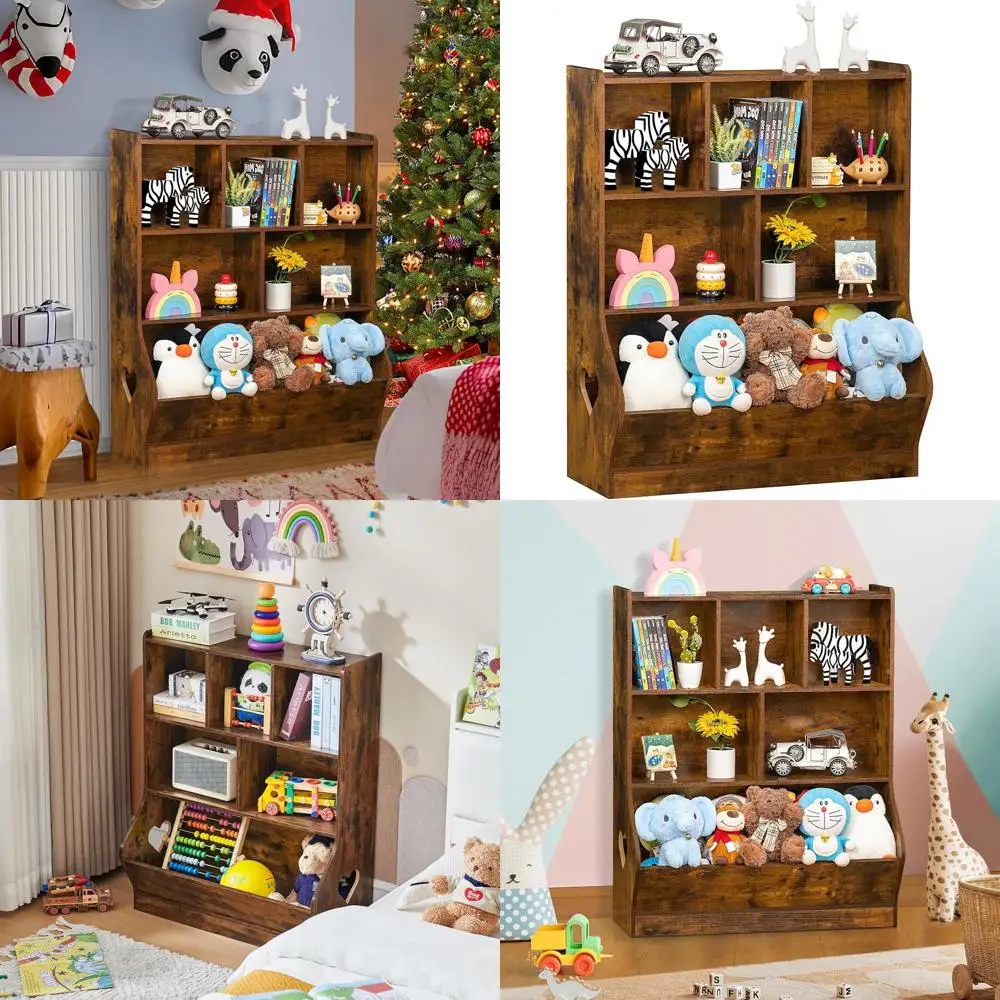 

Трехуровневая детская книжная полка с 7 ячейками, органайзер для хранения вещей для игровой комнаты, спальни, гостиной и школы (коричневый)