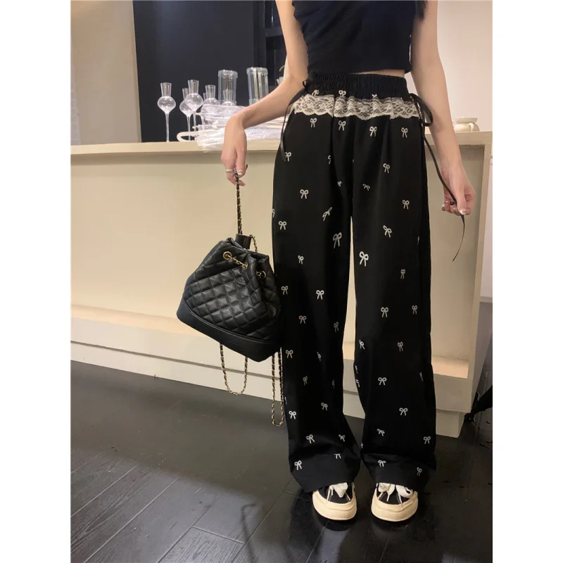 

Sweet Spicy Girl Bowknot Lace Patchwork Casual Pants Women Autumn Design Loose Elastic Waist Wide Leg Pants Straight Pants