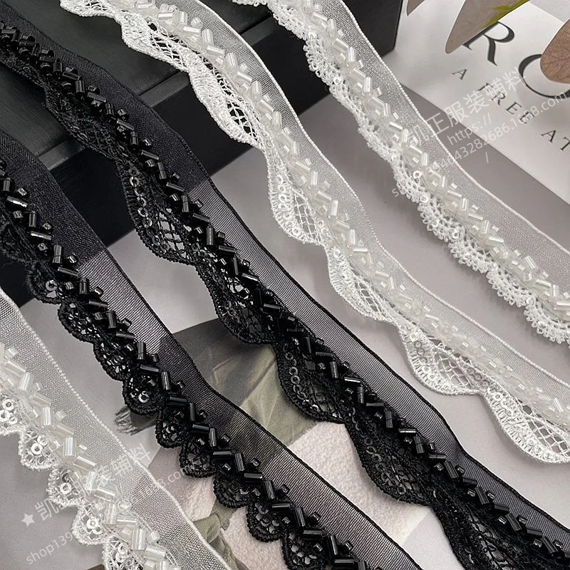 

10y White Black Beaded Trim Embroidery Polyester Water Soluble Lace Sequin Ribbon DIY Sewing Clothing Skirt Accessories Material