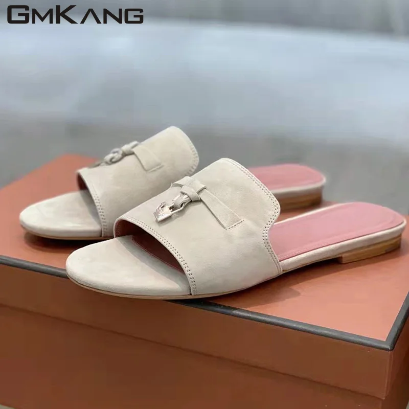 Hot Sale Flat Slippers For Women Metal Lock Comfortable Mules Shoes Kid Suede Peep Toe Slides Summer Comfy Flat Sandals Woman