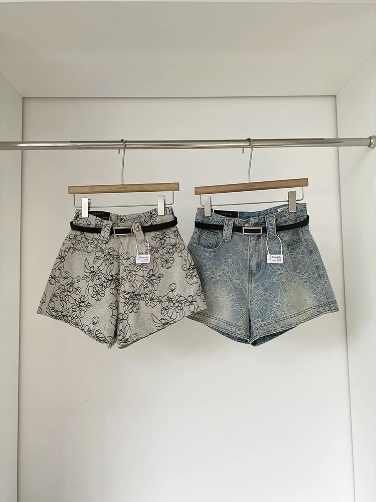 2023 neue Mode Sommer frauen Denim Shorts Jacquard Gestickte Blumen Breite Bein Kurze Weibliche Vintage Kurze Hosen