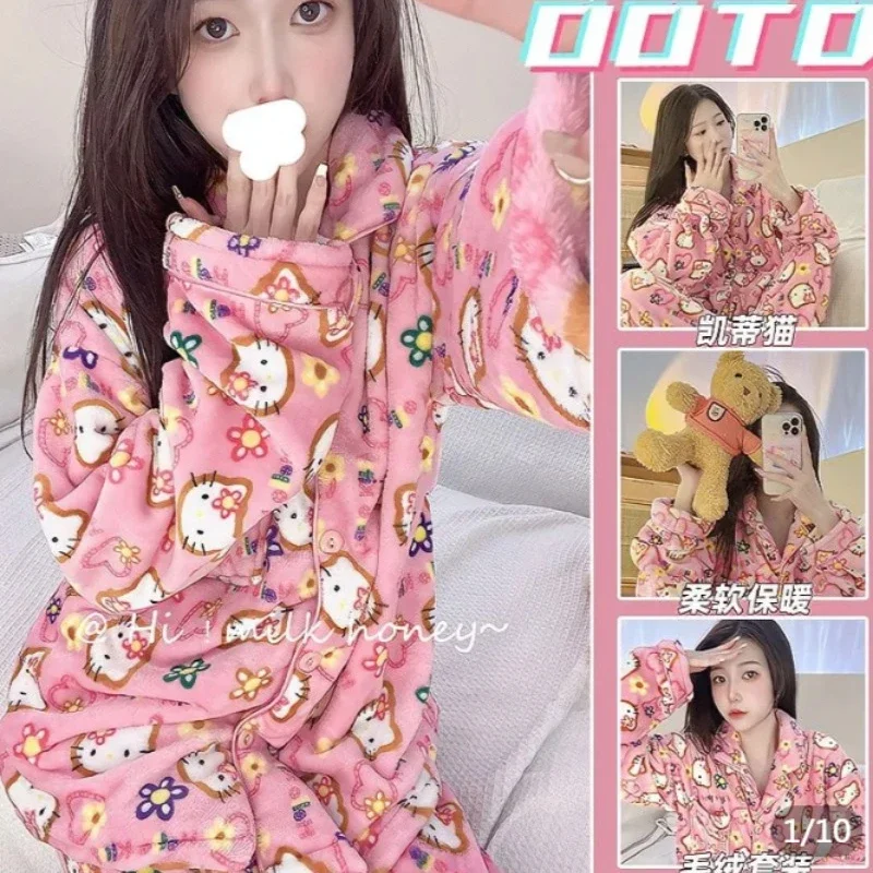 Hello Kitty girl cute coral velvet pajamas winter new plus velvet thickened large size fat MM cartoon fashion kawaii home suit