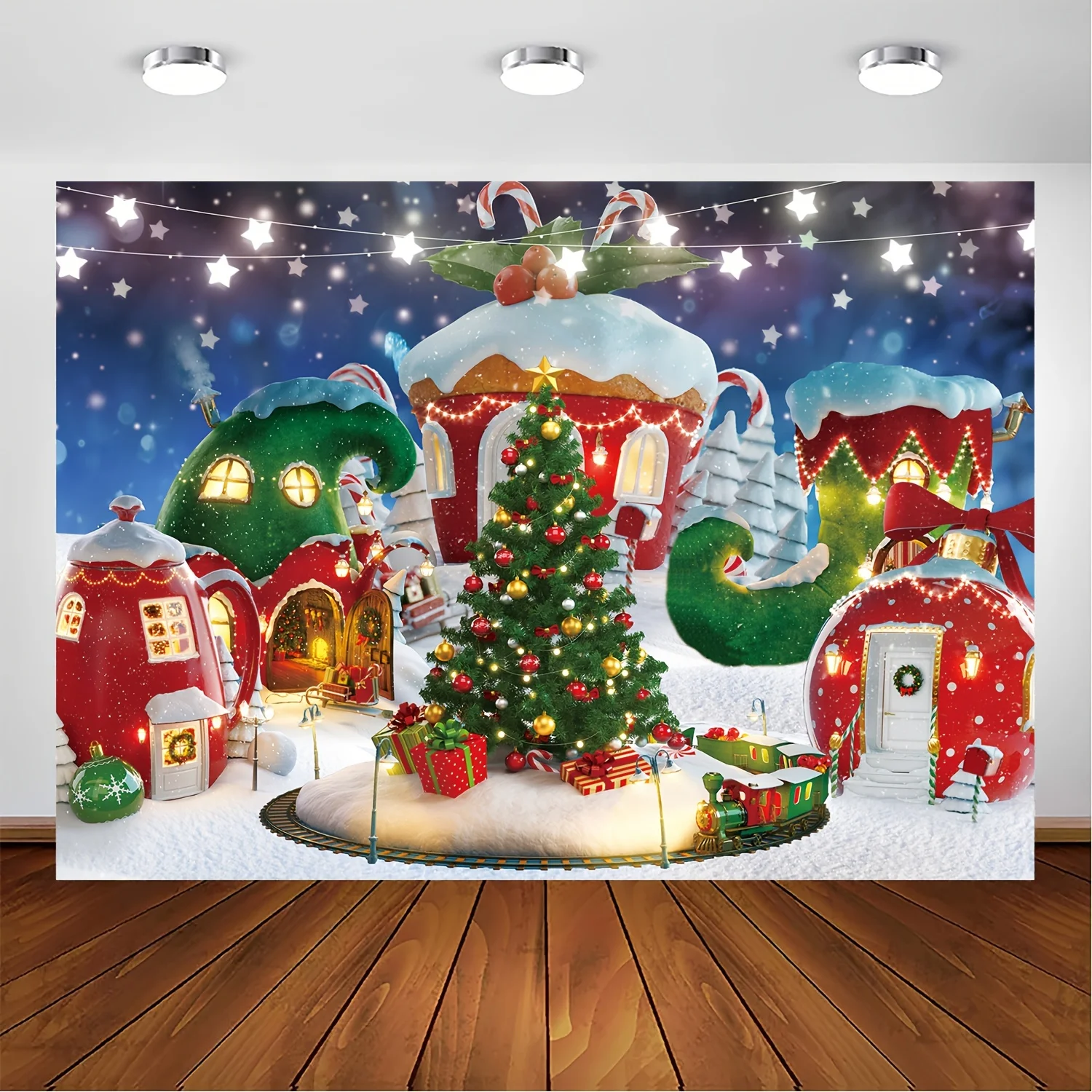 Christmas Candy House Photography Backdrop Whoville Decoration Winter Cedar Tree Christmas Tree Snowflake Lollipop Background