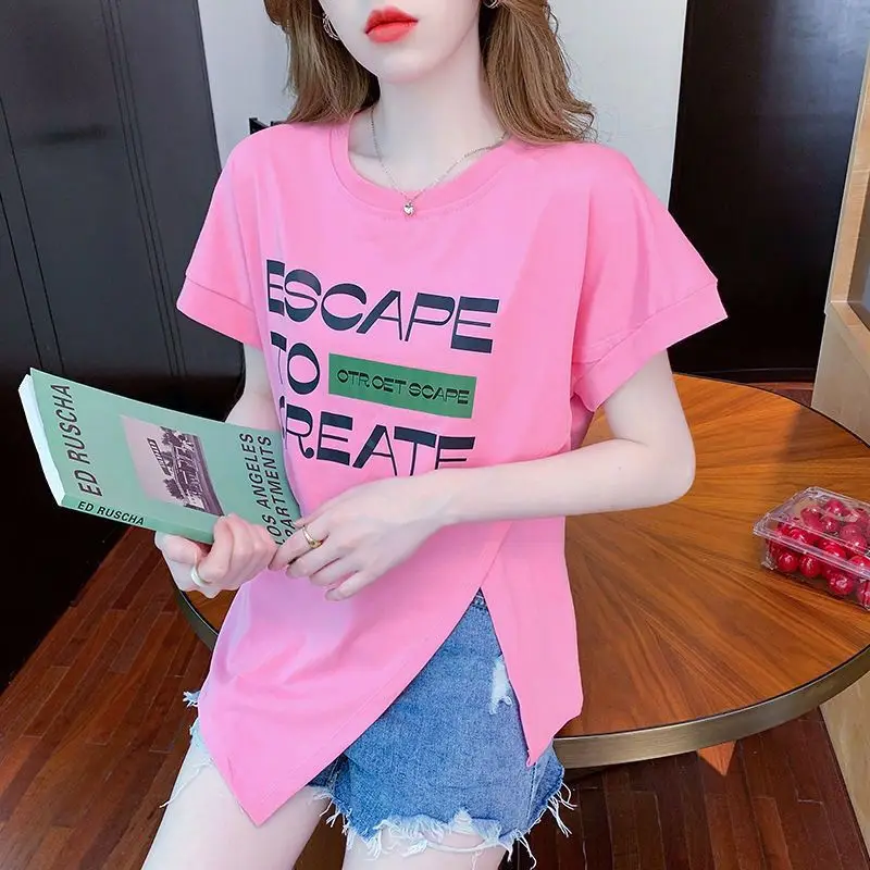 

Fashion Letter Printing Round Neck Short Sleeve Women's T-shirt 2023 Summer New Versatile Loose and Irregular Split Casual Tops