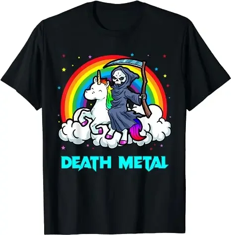 Death Metal Unicorn T-Shirt Funny Brutal Death Metal Nutrition Facts Concert Tee Gift Rainbow Grim Reaper Cool Halloween Costume