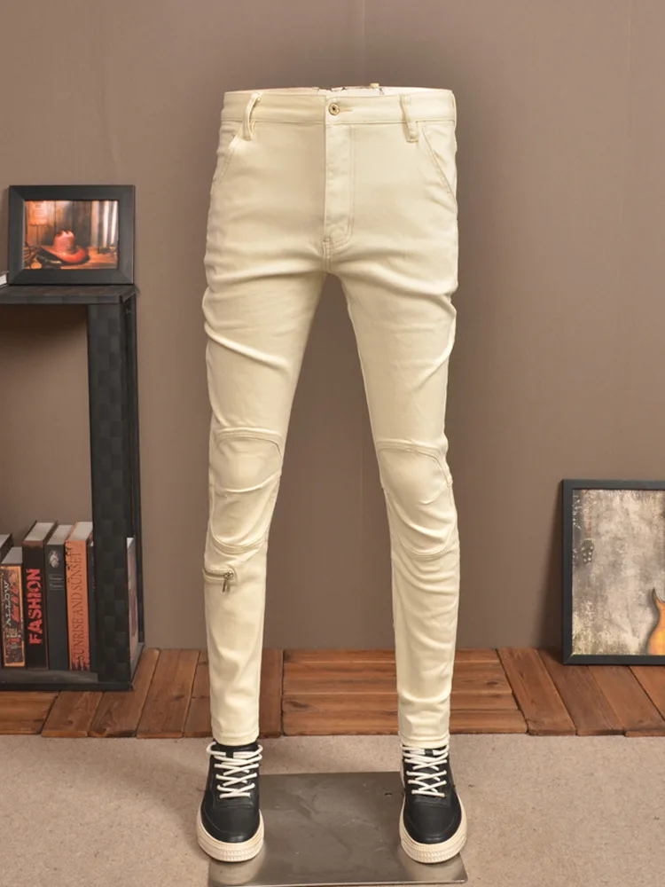 2024 New Retro Washed Stitching Jeans Men's Tight Stretch Fashion Trendy Casual Motorcycle Pu Shuai Skinny Pants