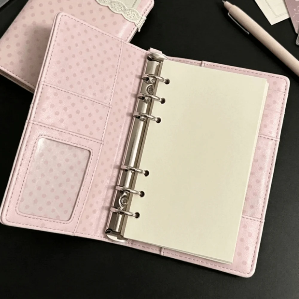 DIY PU Cover A6 Loose Leaf Notebook Polka Dot Pink Diary Book Clip-on Blank Grid Lined Pages Agenda Planner Girls