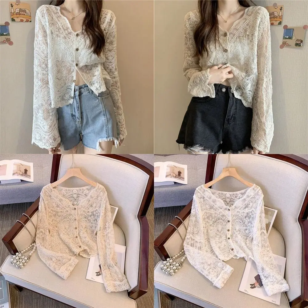 

V-Neck Crochet Top Long Sleeve Floral Pattern Lace Blouse Button Down Cropped Embroidery Blouse for Spring Summer Autumn