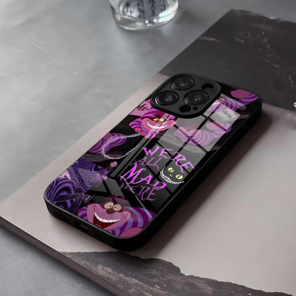 Alice im Wunderland Handyhülle für iPhone 17 Air 16 E Pro Max 15 14 13 Mini 12 Pro 11 Max Plus Schwarze Glasabdeckung