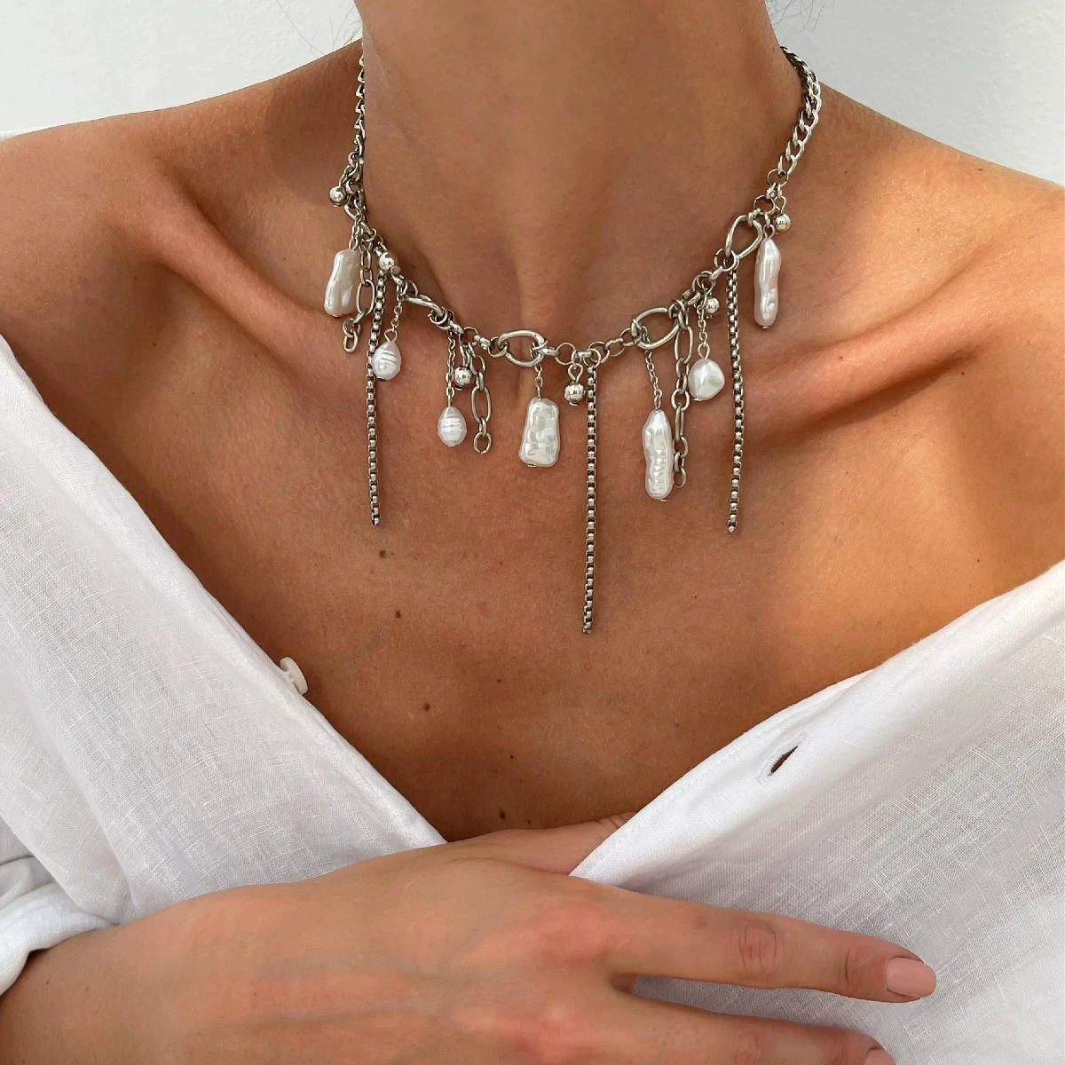 Unregelmäßiger Perlenanhänger, silberfarbene Quastenkette, dicke, klobige Halskette für Frauen, personalisierter Halsschmuck, Accessoires – Detail 2