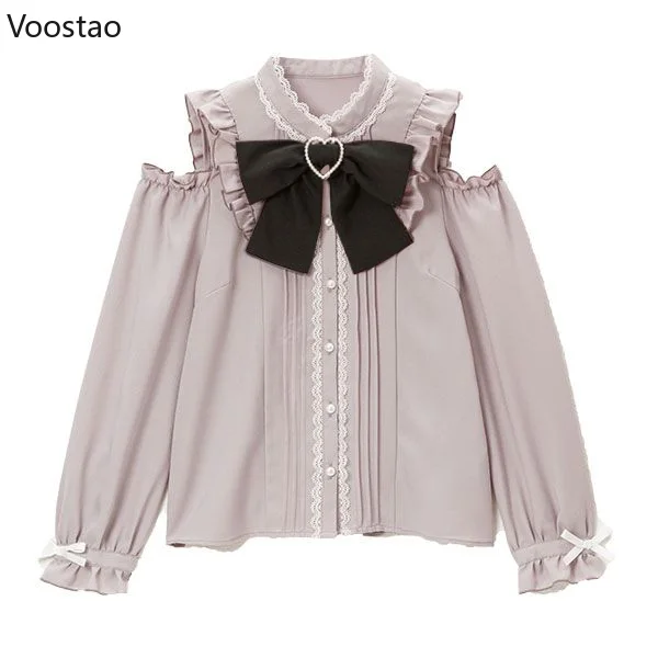 Imagem -02 - Lolita Bow Hearts Buckle Blusa para Mulheres Japonesa Hollow Out Manga Comprida Tops Doces para Senhoras do Escritório Kawaii S4xl Y2k