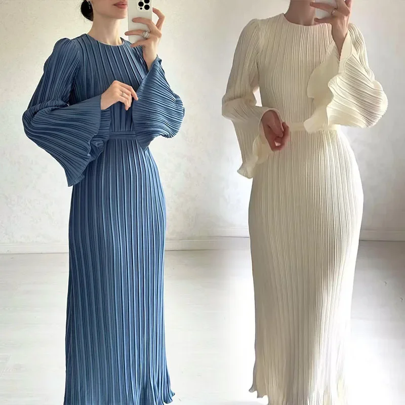 Elegant Pleated Dress Women Round Neck Belt Gathered Waist Solid Color Long Dresses Party 2024 Spring New