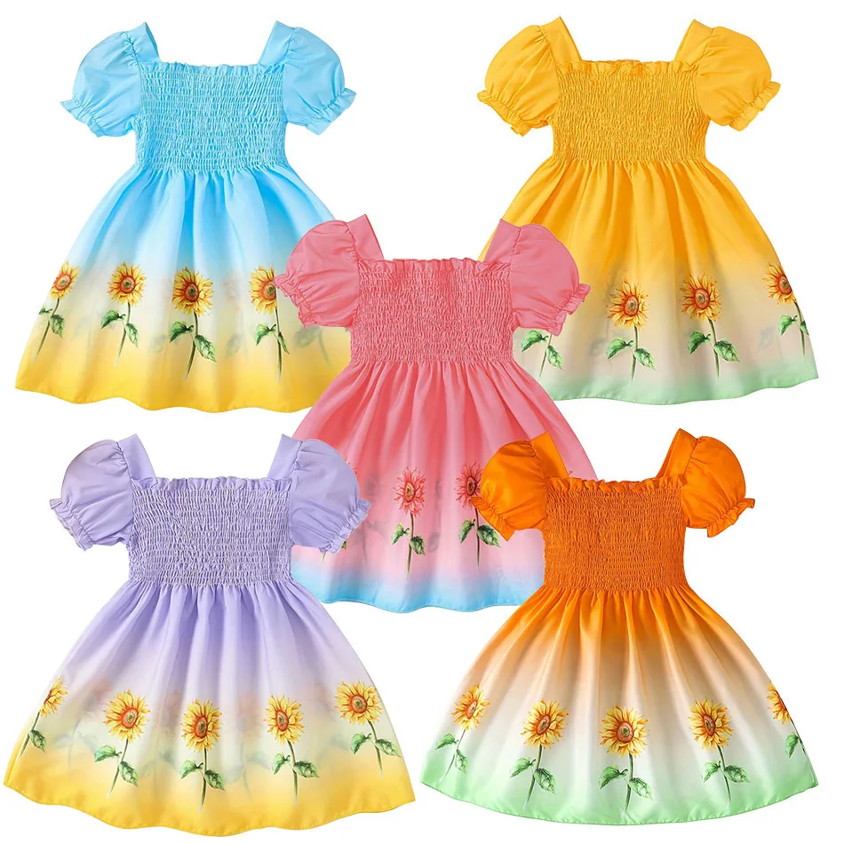 Girls Summer Casual Dresses Collection Gradient Sunflower Print Dress with Bubble Sleeves Fashion Comfortable Dress for Playtime