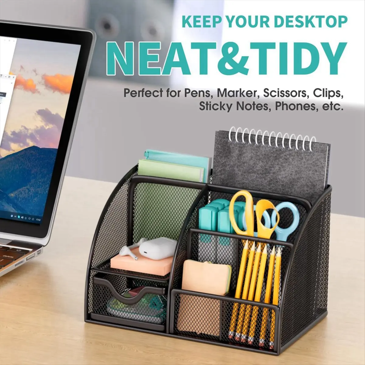 Latest ABBQ-Desktop Organizer, 6 Compartment Pen Holder and Organizer, 1 Drawer, Metal Grid Black Desktop Organizer