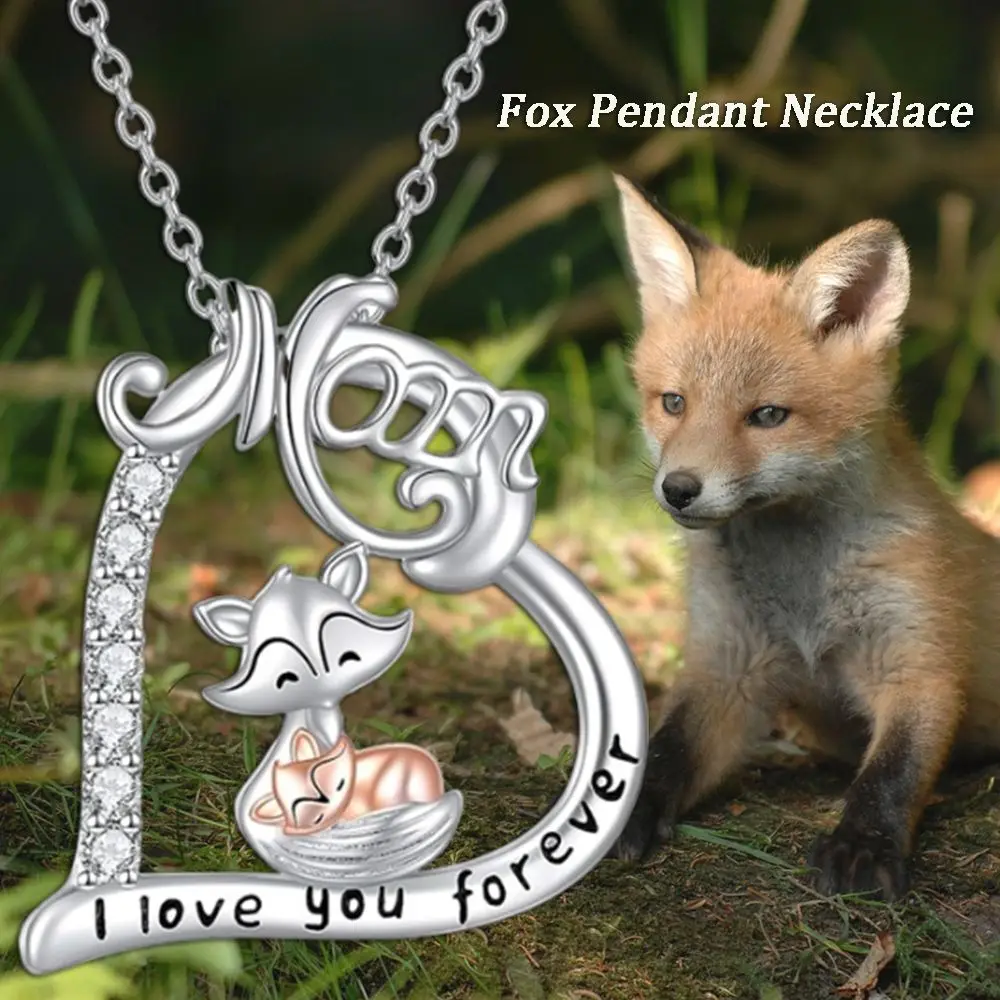 Stylish and Cute Fox Mother and Son Heart-shaped Pendant Necklace with Letters and Rhinestones, A Perfect Gift for Your Family