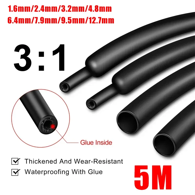 5 Meter 3:1 Waterproof Heat Shrink Tube Tubing Wire Protection Dual Wall Heat-Shrinkable Sleeve With Glue Inside 5M