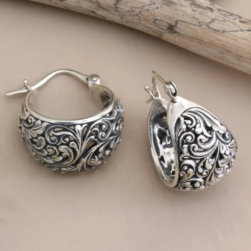 Ethnic Tribe Style Trendy Hollowed Curly Vine Silvery Hoop Earrings for Women Vintage Delicate Banquet Vacation Artistic Jewelry