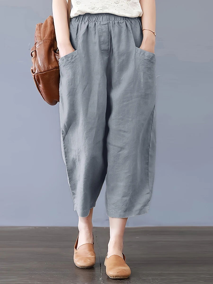 Women Casual Loose Wide Leg Cropped Pants Solid Color Elastic Waist Pockets Vintage Female Harem Capris Trousers Chic Soft 2026