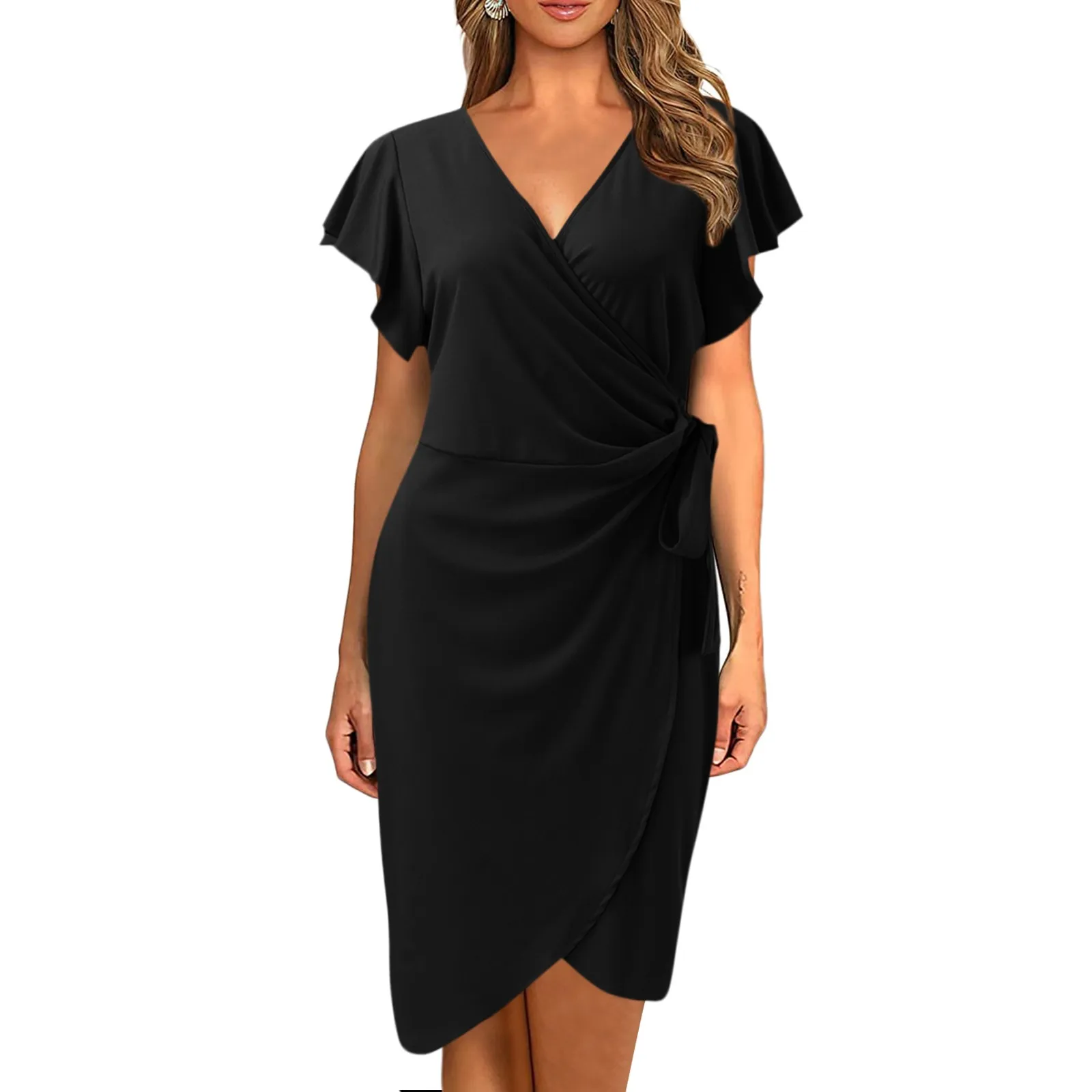 Womens Deep V Neck Ruffle Sleeve Women'S Dress Casual Work Faux Female Elegant Formal Dresses Cocktail Party Evening Vestidos