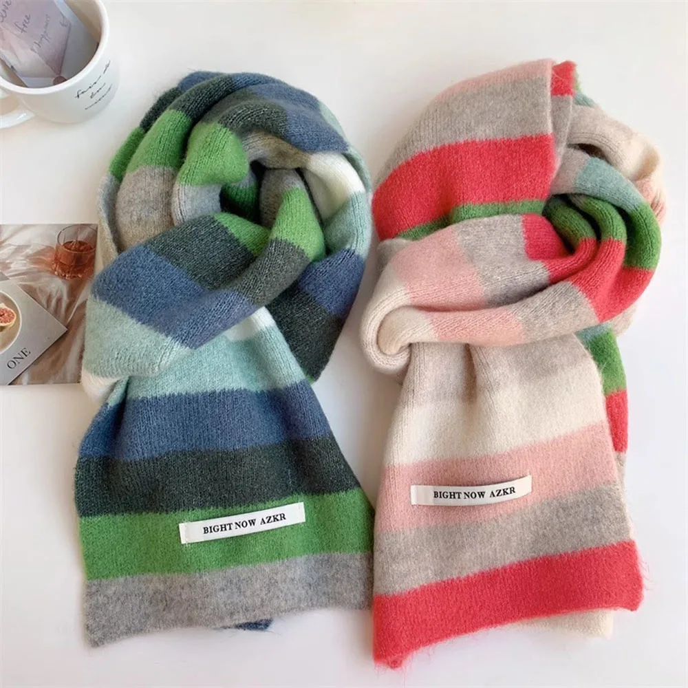 Autumn Winter Scarf Thick Neckerchief Shawl Wool Knit Neck Warmer Striped Elastic Knitted Scarves Rainbow Stripes Mohair Scarf