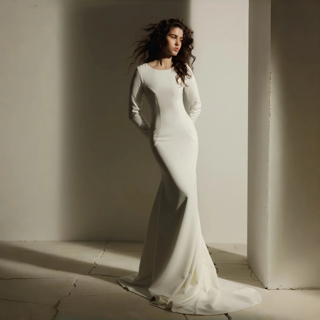 Customized Modern Minimalist Elegant Sheath Mermaid Satin Wedding Dress Round Neck Long Sleeve Bodice Floor Length Bridal Gowns