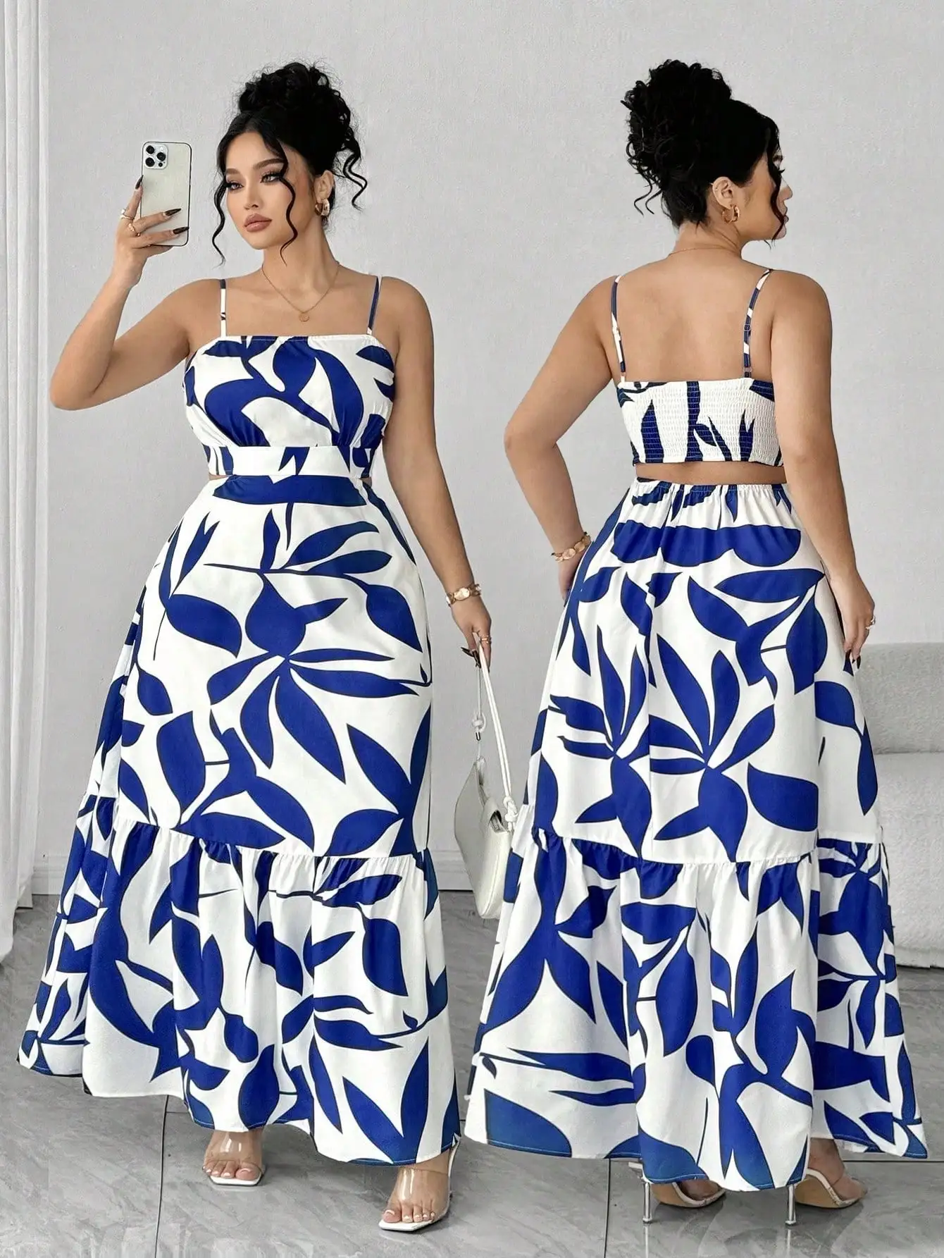 

Blue White Leaf Print Two Piece Maxi Set - Spaghetti Strap Top & Tiered Skirt