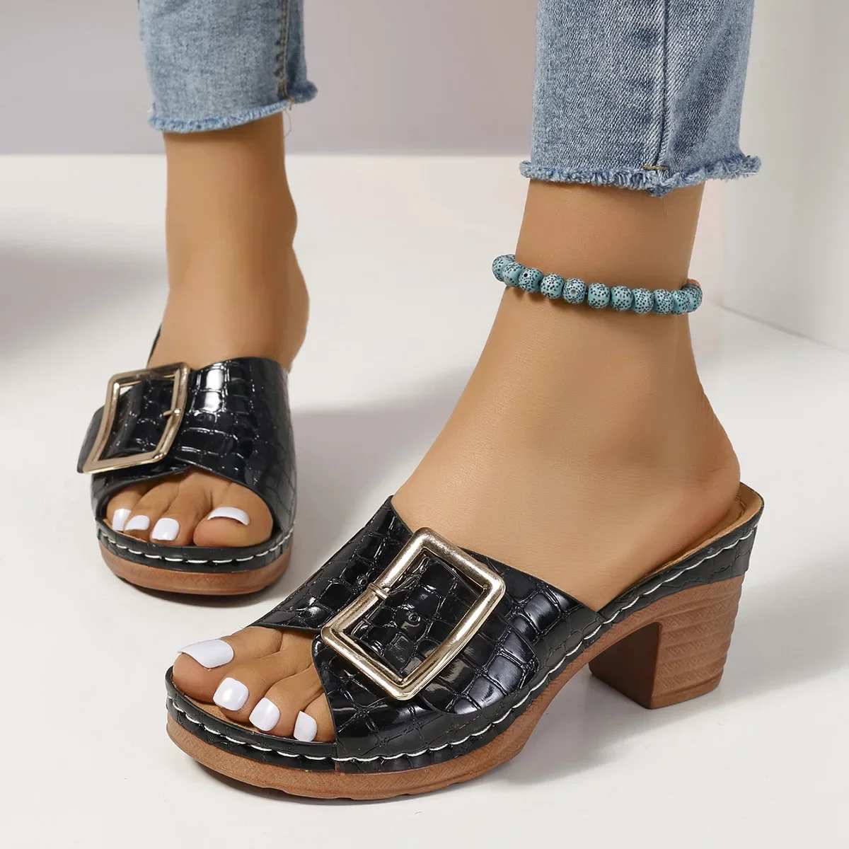 Sandal of Women British Style Rome Shoe Comfy Soft High Heels Summer Sandalias Metal Buckle Casual Slipper Wedge Platform Sandal