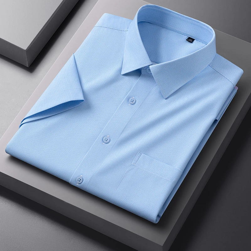 New in Shirt Elastic Summer Short Sleeve Shirts for Men Slim Fit Formal Plain Shirt Soft Anti-Wrinkle Plaid Office Clothes