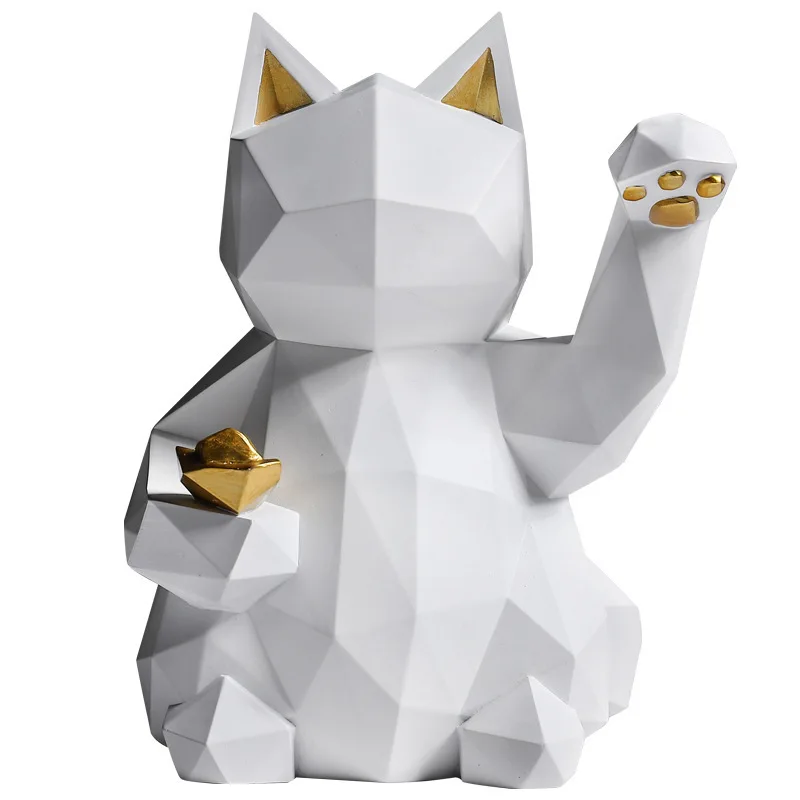 European Style Matte Geometric Lucky Cat Statue Resin Craft For Living Room Desktop Home Decor Shop Opening Business Gift