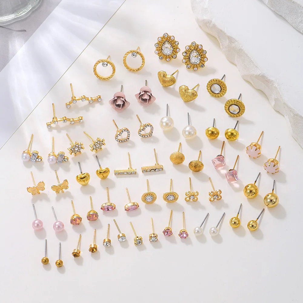 30 Pairs Set Mixed Stud Earrings Sets Small Cute Korean Style Student Temperament Earrings For Women Girly Ear Accessories