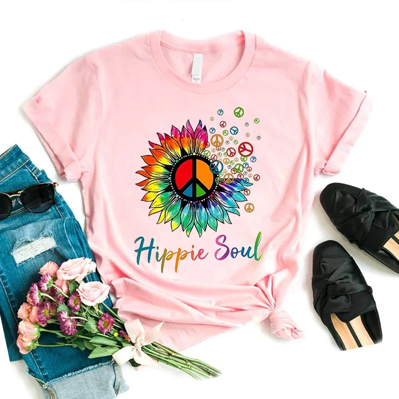 

Colorful Hippie Soul Graphic Printed T Shirt Women'S Clothing White Causal Rainbow Tshirt Femme Summer Short Sleeve T-Shirt