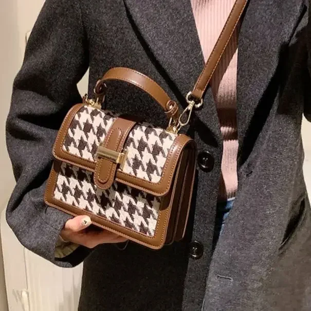 Womens trendy crossbody bag Korean houndstooth fashion small square bag shoulder bag women Satchels Baguette hand bags for women