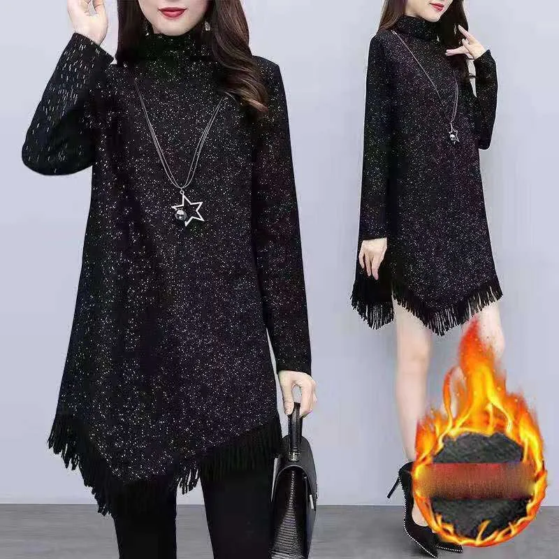 

Fashion Turtleneck Sequined Asymmetrical Tassel Mini Dress Women's Clothing 2023 Winter Loose Commuter Warm Ladies Dresses