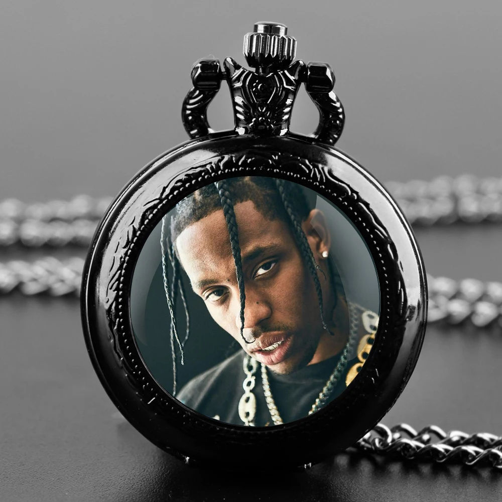 Cool Rapper Travis Scott Glass Dome Design Arabic Numerals Quartz Pocket Watch Necklace Pendant Clock Chain Men Women Gifts