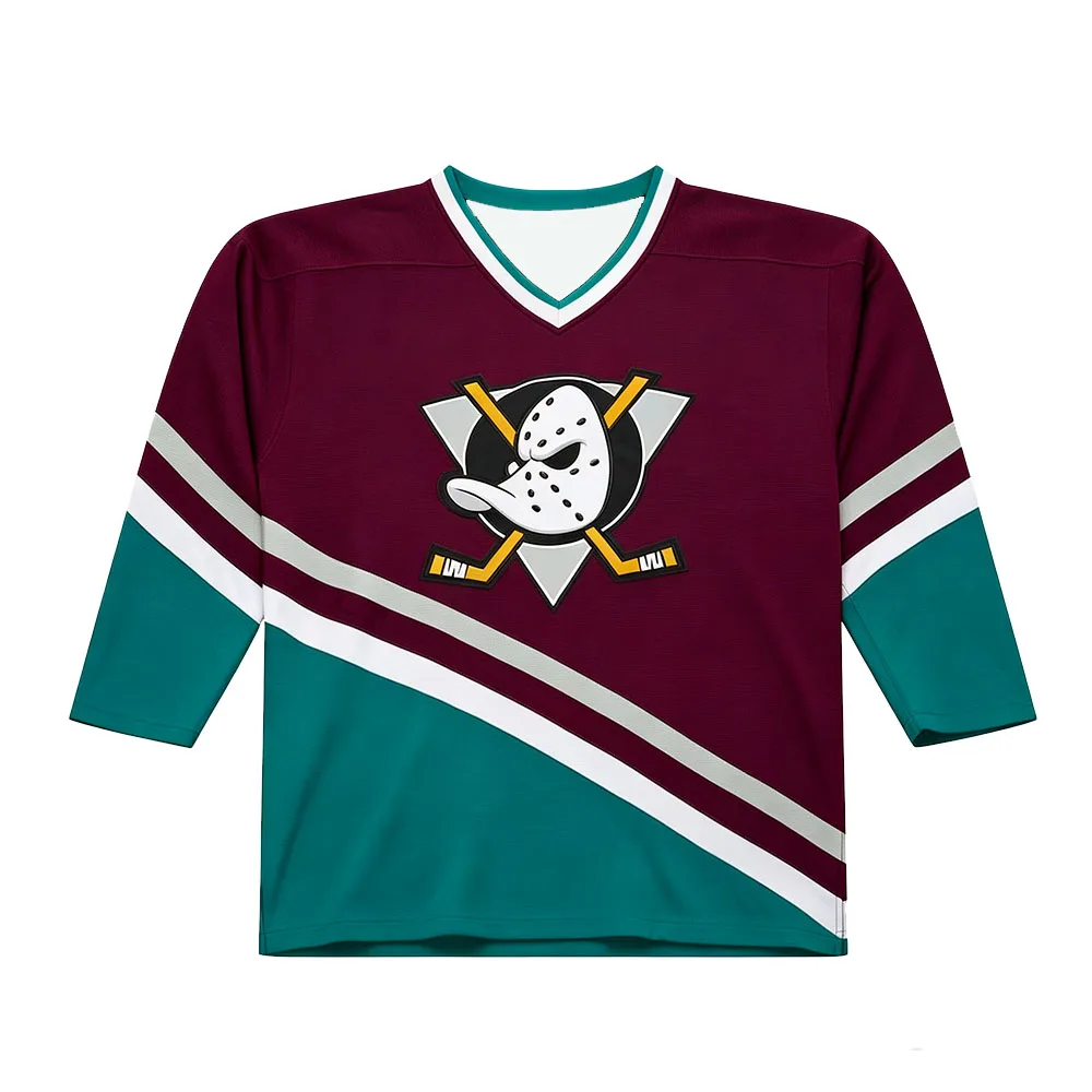 Anaheim Hockey Jersey Ducks Men Women V‑Neck Long Sleeve Maroon Teal Color Block Striped Sport Uniform Streetwear Couple Tops