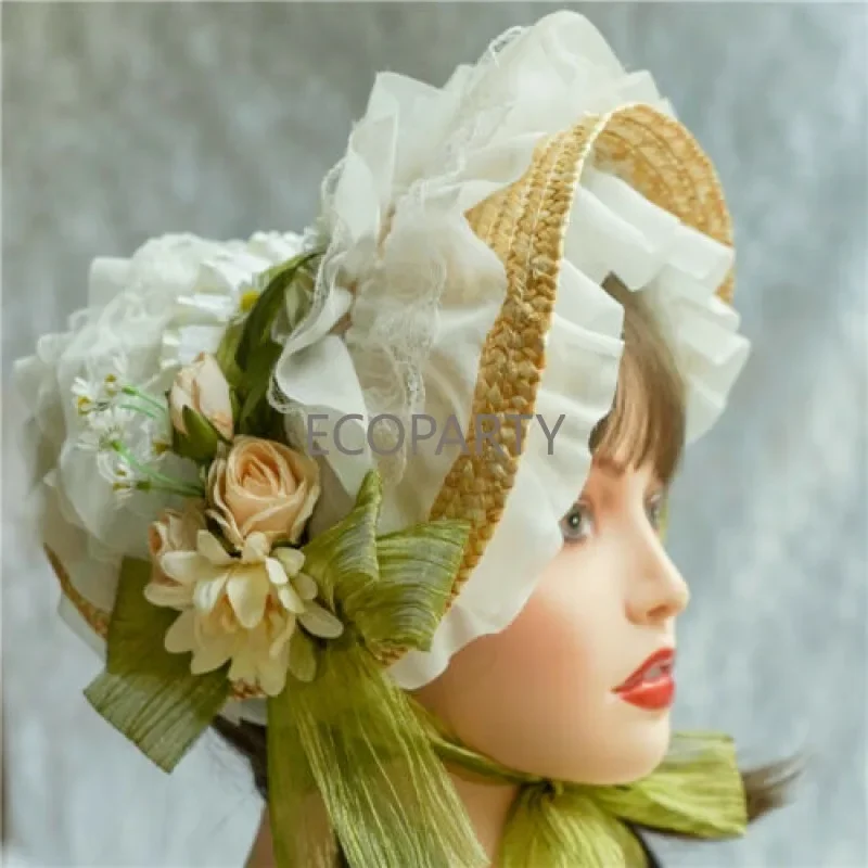 Pastoral Style Lolita Hat Sen Series Small Fresh Lolita Woman Hat with Lace Ribbon Silk Flowers Straw Hat Tea Party Flat Hat