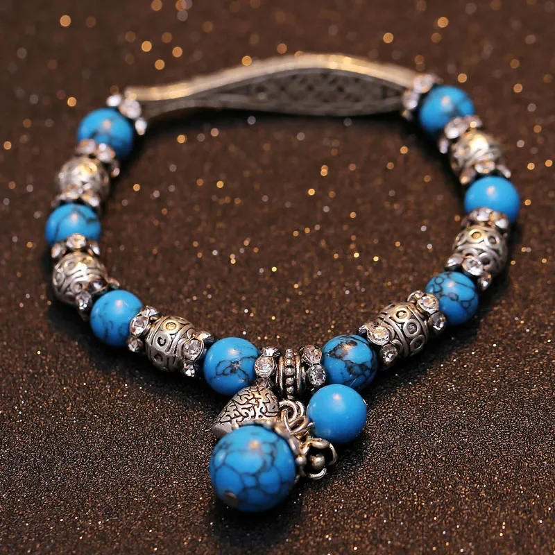 Vintage Beaded Charm Bracelets Round Stone Elastic Statement Antique Silver Plated Bracelet for Women