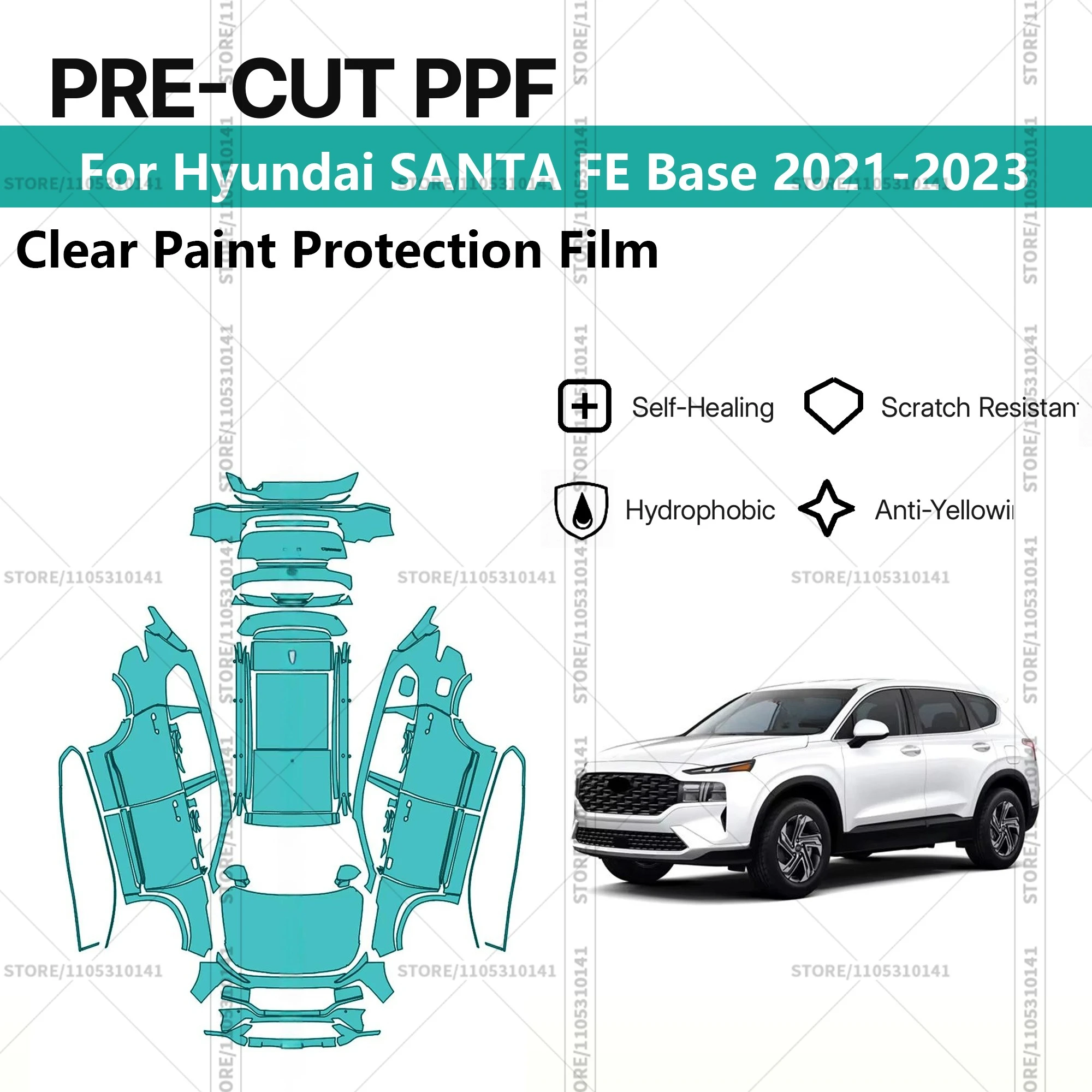 

Для Hyundai SANTA FE Base 2021-2023: Предварительно вырезанная прозрачная защитная пленка (PPF) для автомобиля, полный комплект для всего кузова