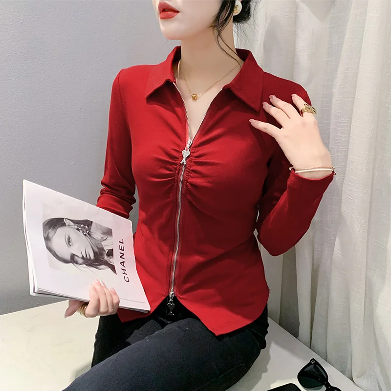 #8731 Black Red Green Office T Shirt Women Turn-down Collar Zipper Short T Shirt Female Folds Sexy Skinny Women's T-shirt Slim