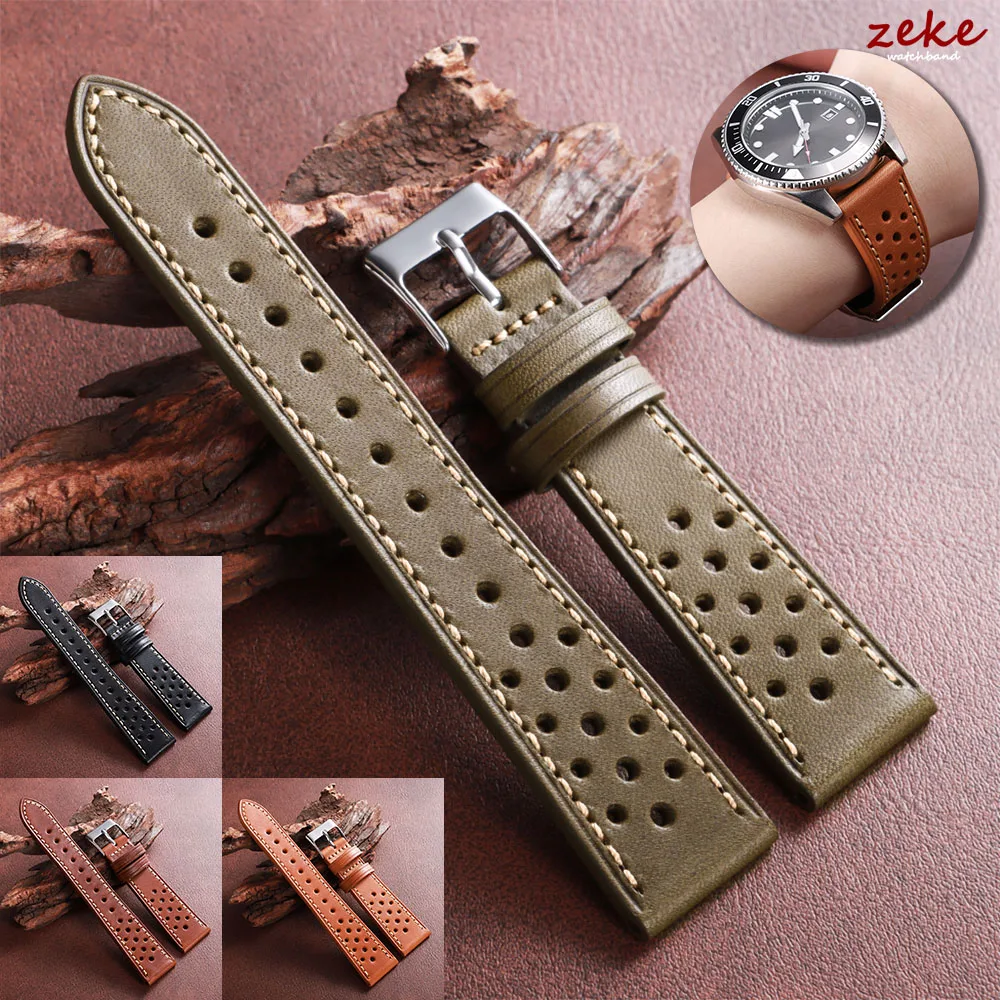 

Handcrafted Cowhide Leather Strap 18mm 20mm 22mm for Omega Ventilated Design Vintage Green Brown Black Men's Bracelet Wristband